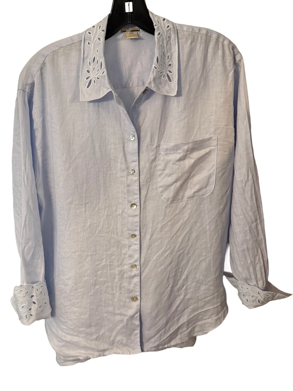 Magaschoni Women’s Blue LINEN Button Up Eyelet Cuffs & Collar Sz S/P EUC